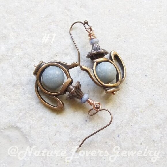 🍂🍁🍃 3/$25! Tea Pot Earrings w. Slate Gray Stone Beads ~ Coffee ~ Tea ~ Cocoa - Picture 1 of 9
